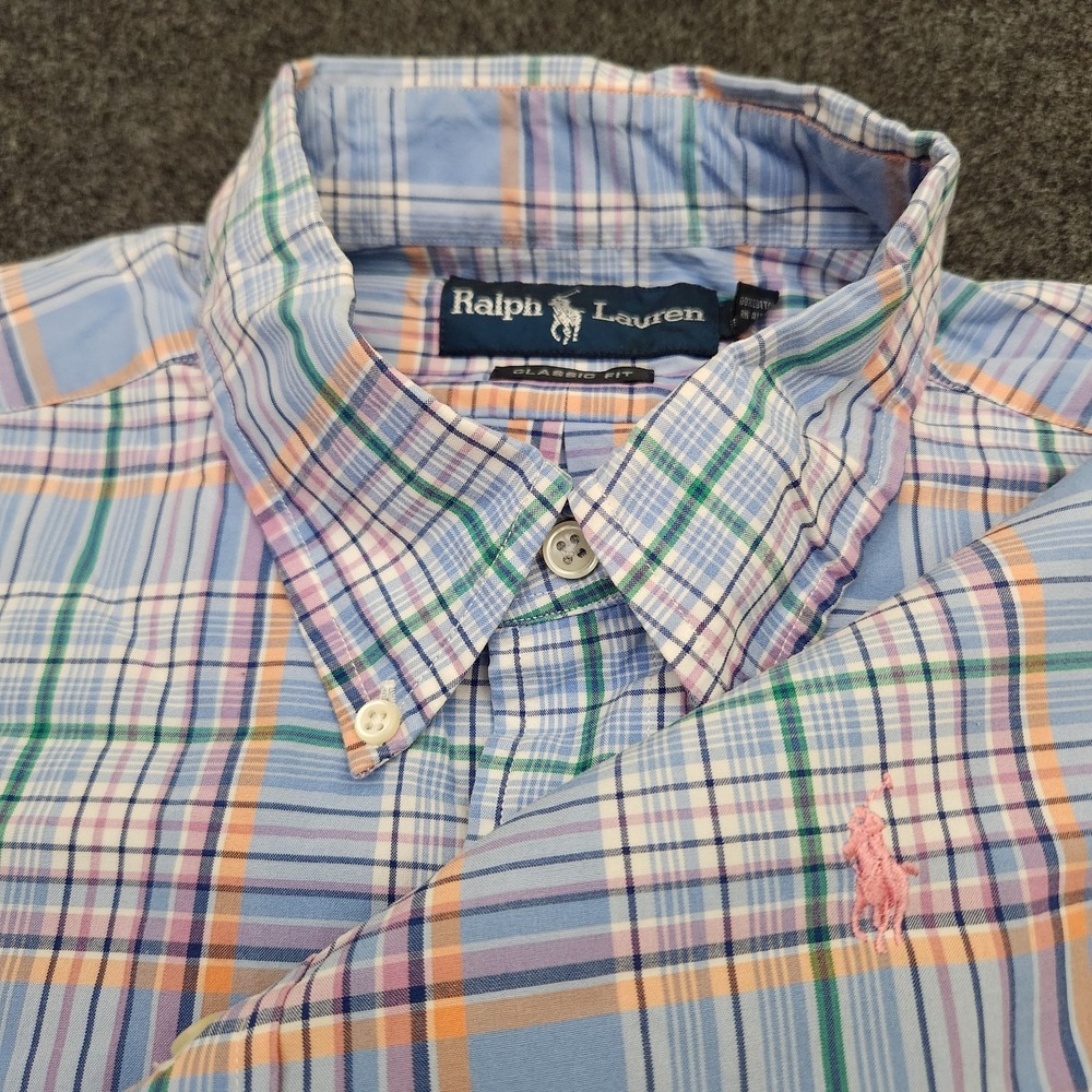 Ralph Lauren Mens Large Blue Plaid Classic Fit Short Sleeve Button Down Shirt